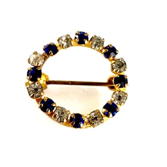 Vintage Circle Rhinestone Brooch Blue and Clear - Picture 6 of 6